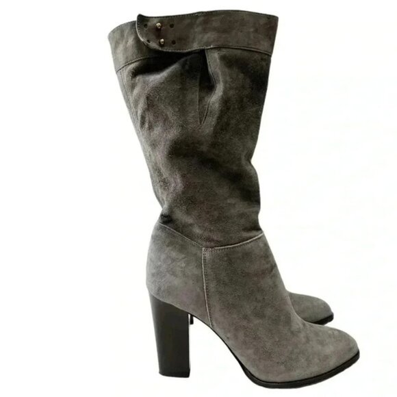 Grey Suede Boots Mid Calf Block Heel Slouch Boot Boho Size EU 38 NEW IN BOX - Picture 1 of 16